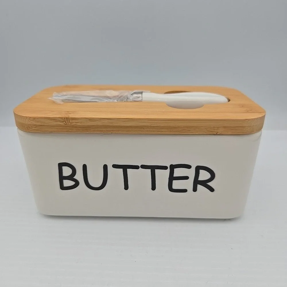 Ceramic Butter Dish with Natural Wood Lid and Stainless Steel Knife (White)